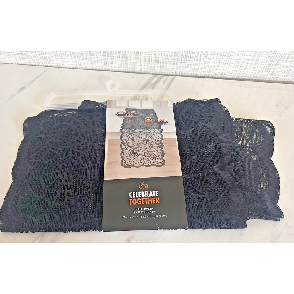 Celebrate Together Halloween Table Runner Black Lace Spider & Webs NEW 72" BxDD